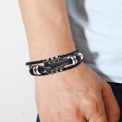 2/3 Adet Punk Gitar Bileklik Retro Suni Deri Çinko Alaşımı Rock Müzik Bilekliği El Yapımı Örgülü Çok Katmanlı Sarma Bileklik Erkekler İçin