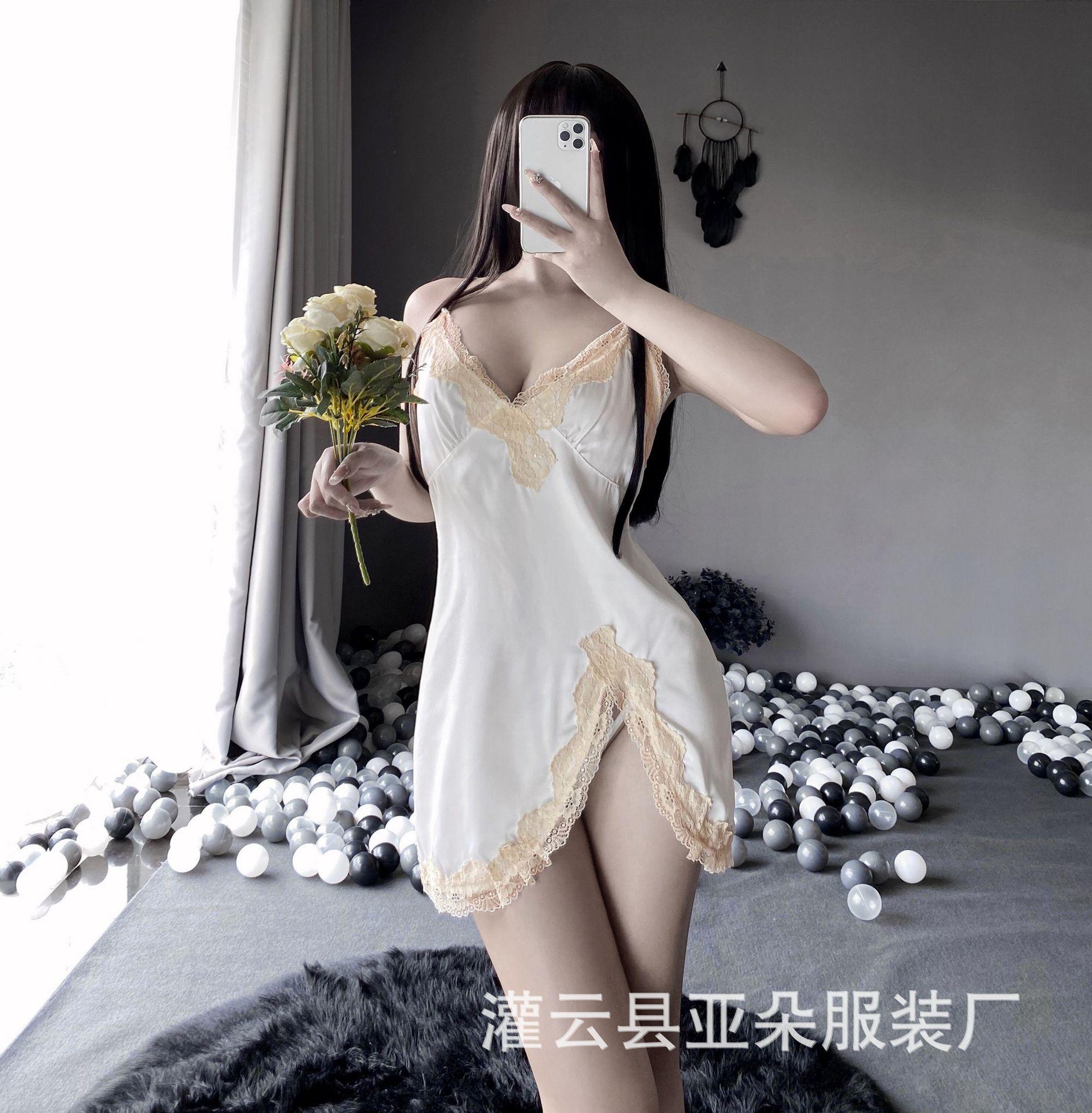 

Sexy lace perspective temptation suspender nightdress women s loungewear set promotional model one size fits all білий