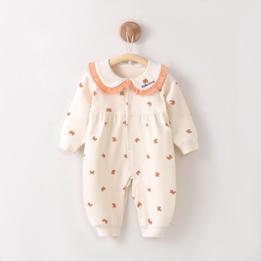 Babykoi Baby Clothes Long Sleeve Romper Spring Autumn Newborn Coveralls Front Open Collar Baby Girl Preparing for Maternity Gift Bow Pattern Orange 6M