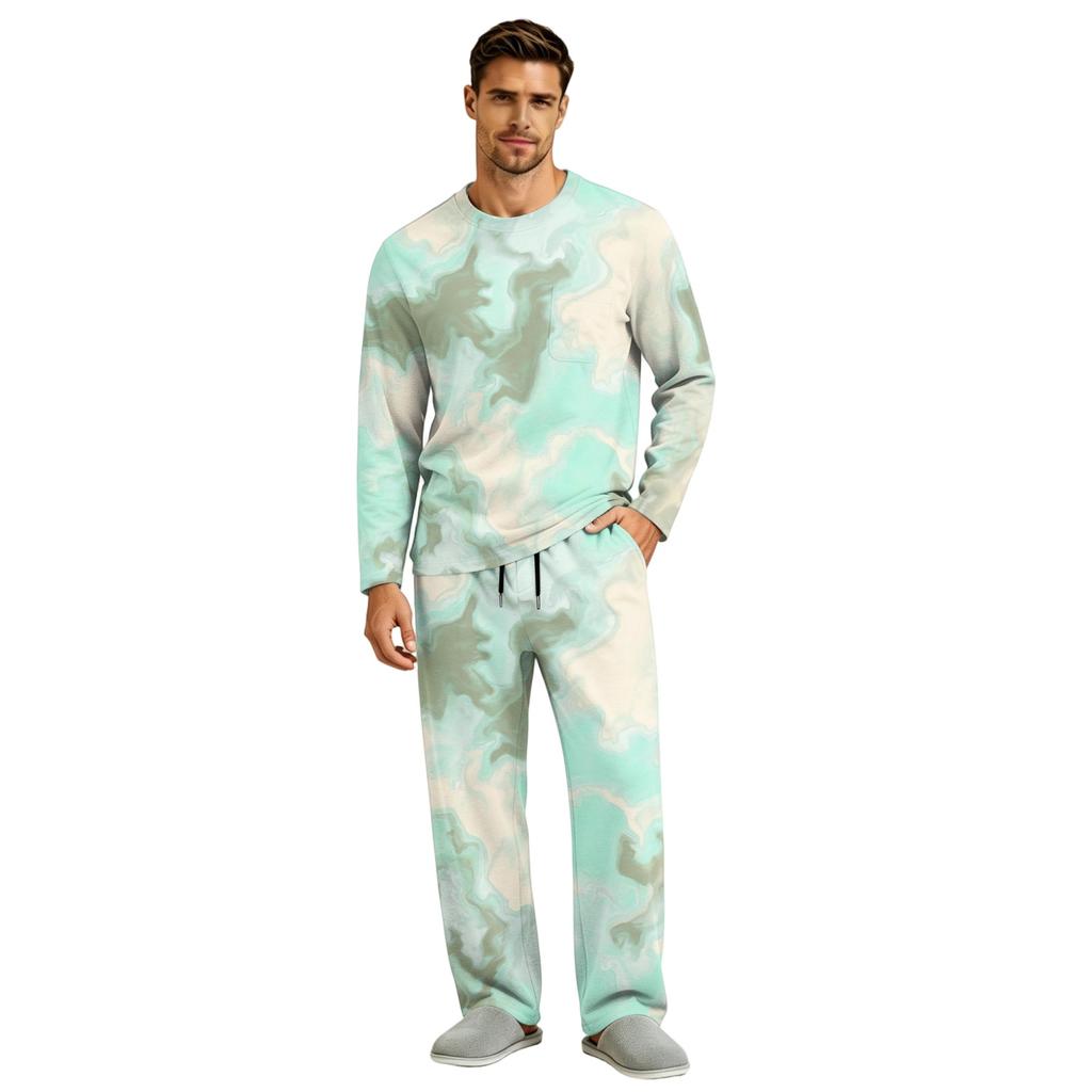 Men's Pajama Set Long Sleeve Top and Pants with Button Fly and Elastic Drawstring Waist
