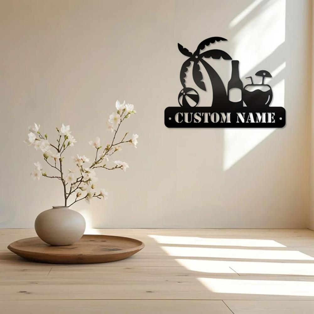 Personalized Tropical Beach Metal Sign, Custom Family Monogram Wall Decor for Poolside Patio Garden