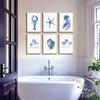 6 Pcs Blue Coastal Wall Art Watercolor Starfish Conch Jellyfish lobster Painting Cute Sea Life Poster Print for Modern Waterfront Themed Home