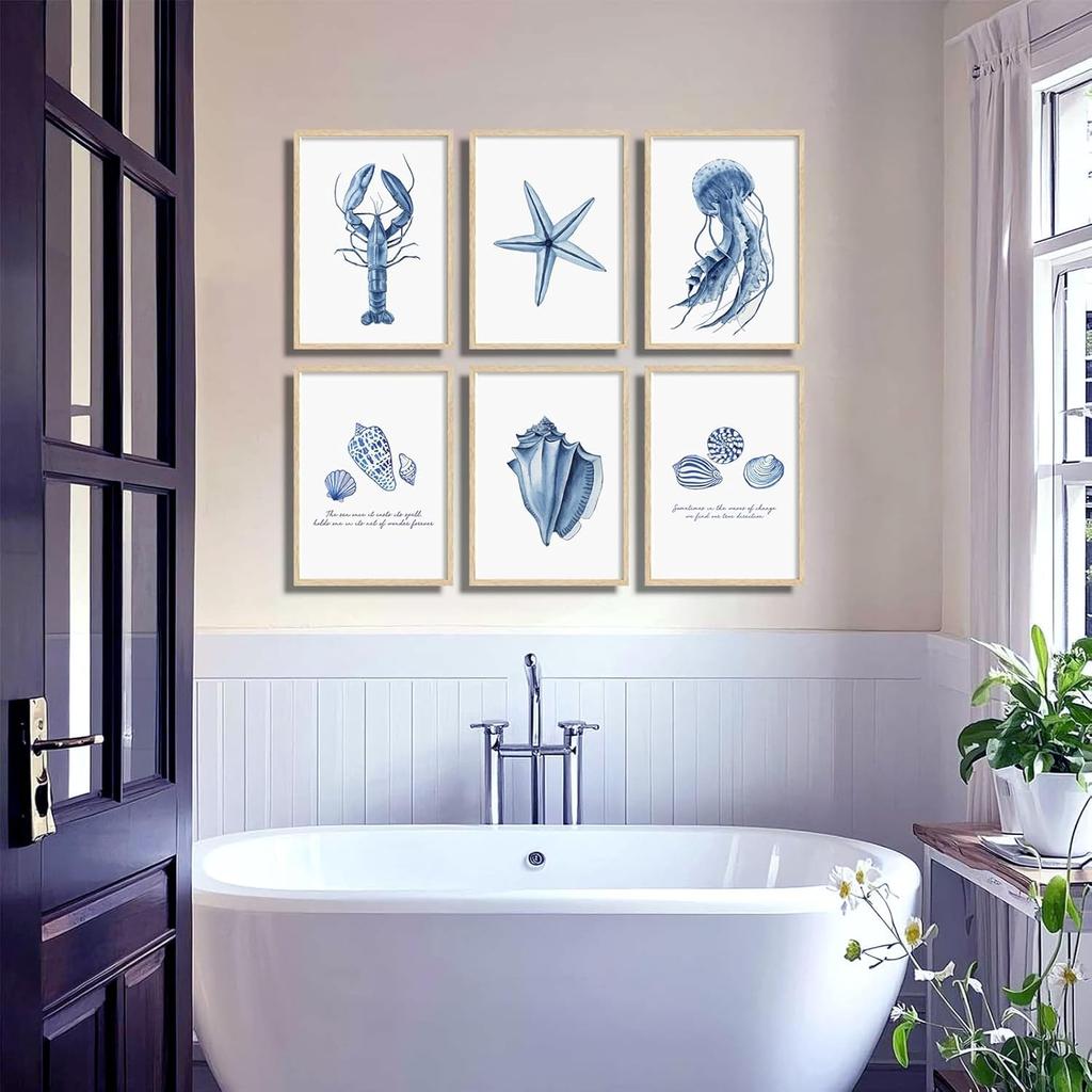 6 Pcs Blue Coastal Wall Art Watercolor Starfish Conch Jellyfish lobster Painting Cute Sea Life Poster Print for Modern Waterfront Themed Home