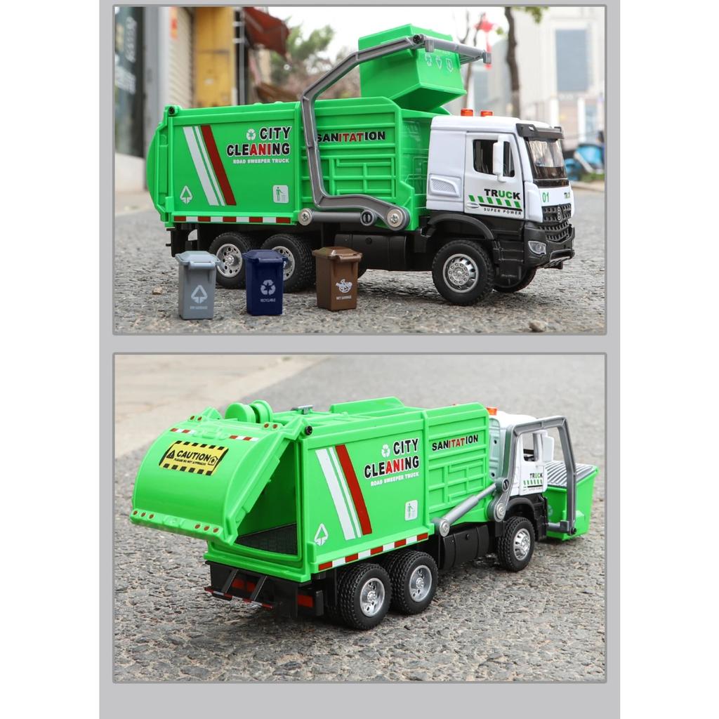 1/35 Urban Sanitation Vehicle Garbage Truck Model Metal Die Casting Engineering Vehicle Simulation Sound and Light Halloween Toy
