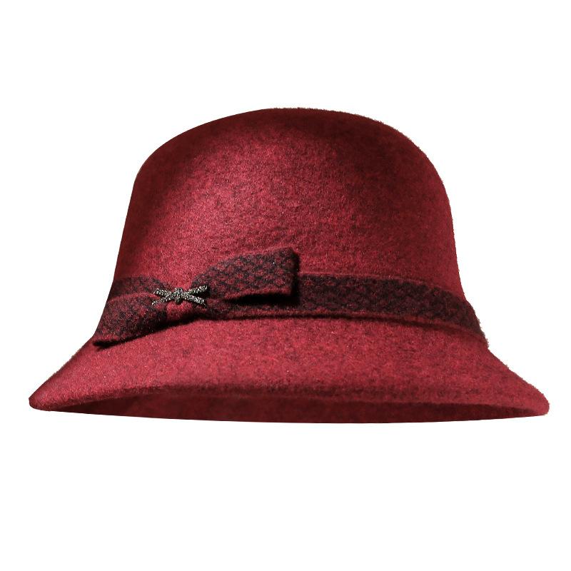 Nowy jesienno-zimowy kapelusz rybacki dla starszych kobiet, dekoracja z węzłem liściowym, damski brytyjski gruby ciepły wełniany kapelusz garnkowy