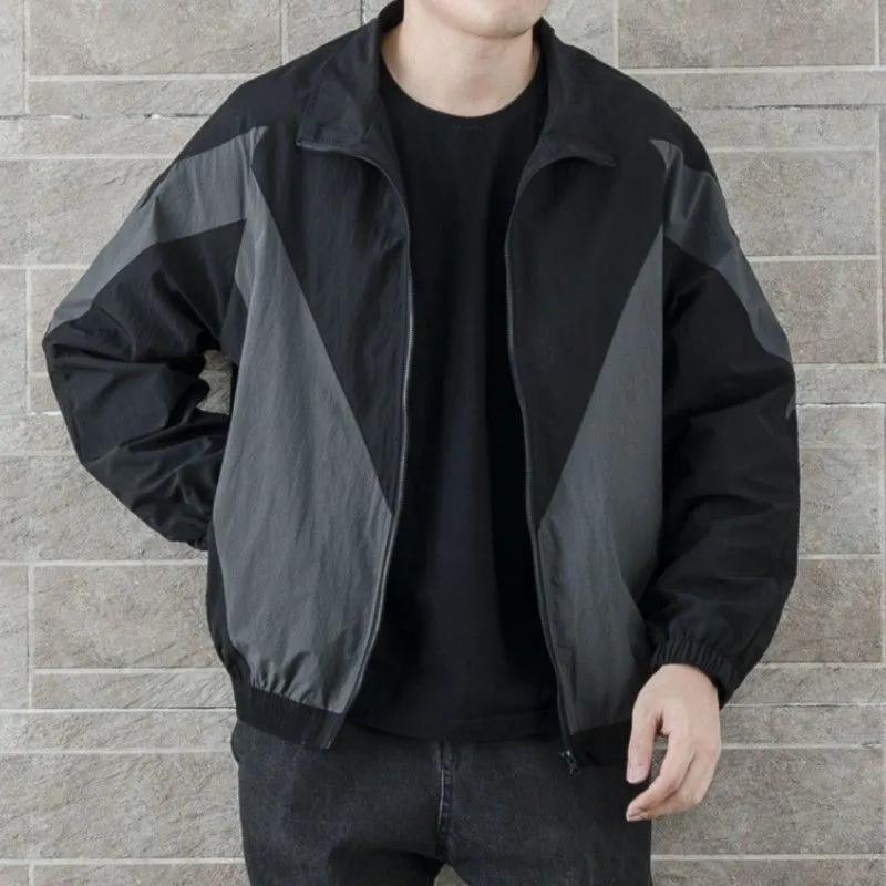 Men's Black Grey Geometric Color Block Lapel Zip Up Casual Windbreaker Jacket