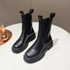 Large size British mid-calf women's boots -  winter new style with round toe design, thick sole and medium heel, short boots