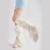 Women Harajuku Ribbed Cuffs Plush Leg Warmers with Ties Bandage Furry Boot Covers Flared Leg Sleeves Footless Socks