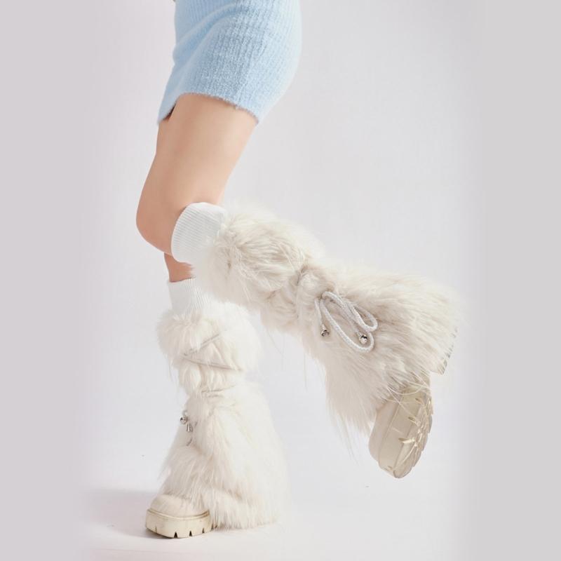 Women Harajuku Ribbed Cuffs Plush Leg Warmers with Ties Bandage Furry Boot Covers Flared Leg Sleeves Footless Socks