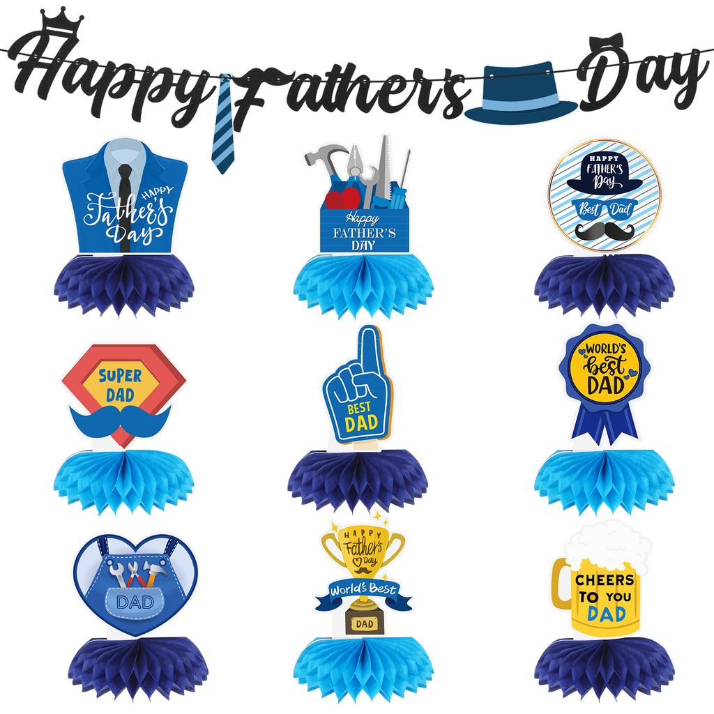 Happy Father'S Day Decorations Glitter Banner Black Blue Father'S Day Honeycomb Centerpieces For Tables 3D Banner Papa'S Theme P
