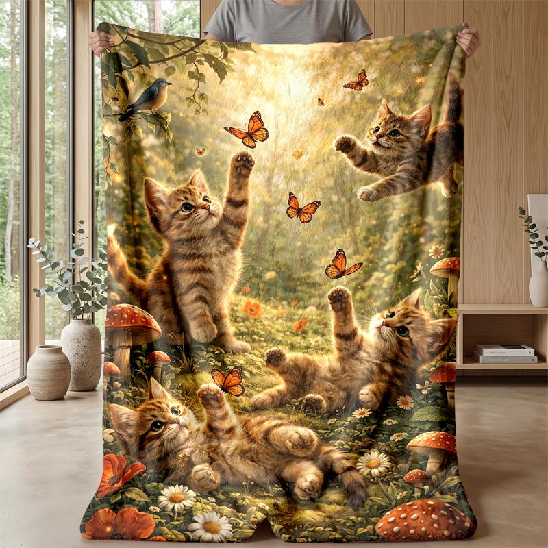 Kittens Playing with Butterflies in Forest Theme blanket Lightweight Warm Flannel Blanket Decorative Throw Blanket for Home Decoration