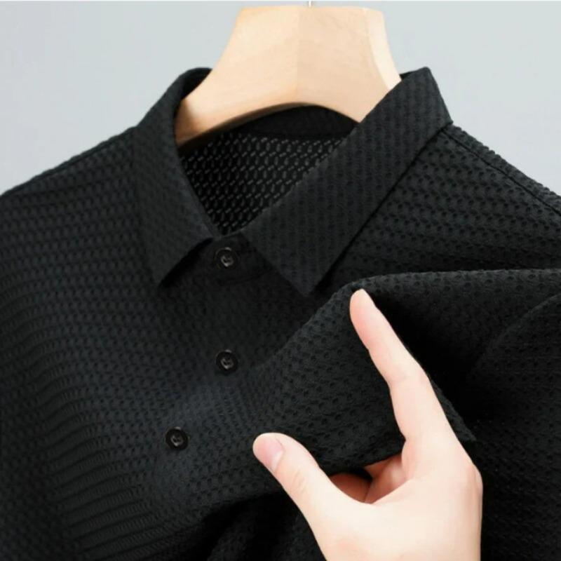 Mens Solid Color Mesh Breathable Short Sleeve Polo Shirt