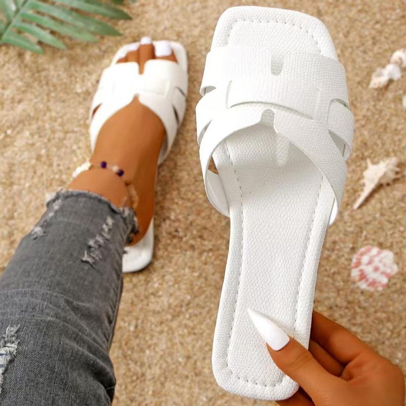 Fashion White Flat Slippers for Women Summer Design Soft Non-slip Slippers Braided Open Toe Square Head Outdoor Beach Slippers Woman
