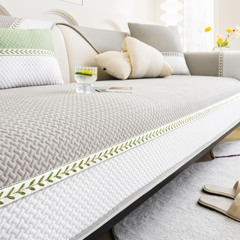 New Ice Silk Sofa Cover Summer Color Blocked Jacquard Sofa Cushion Solid Color Non-Slip Living Room Sofa Cover Protective Cover