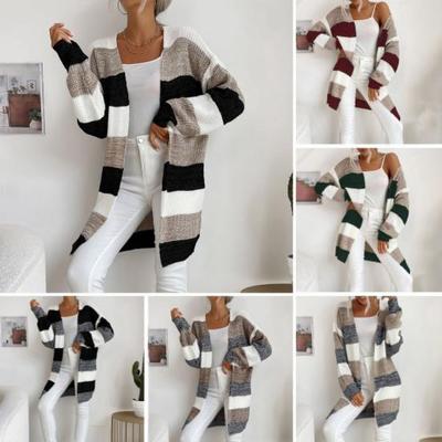Dámské Podzim Zimní Kabát Pletený Colorblock Vysoká elasticita Volný Otevřený steh Dlouhý rukáv Střední délka Měkký teplý dámský svetr