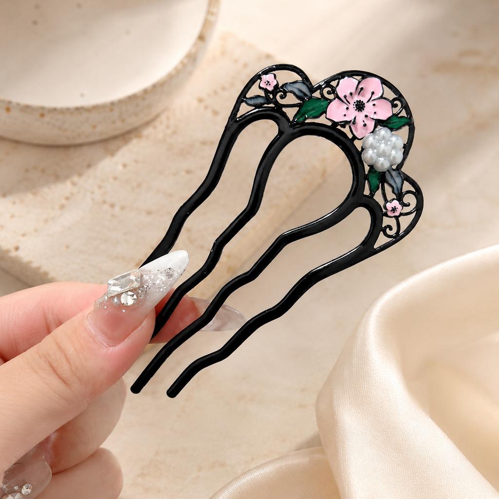 Fourchette à Cheveux en Alliage pour Femmes Épingle à Cheveux en Perle Coréenne en Forme de U Support pour Chignon Floral Bâtonnet à Cheveux Antidérapant pour Chignon Mariage Nouveaux Accessoires pour Cheveux