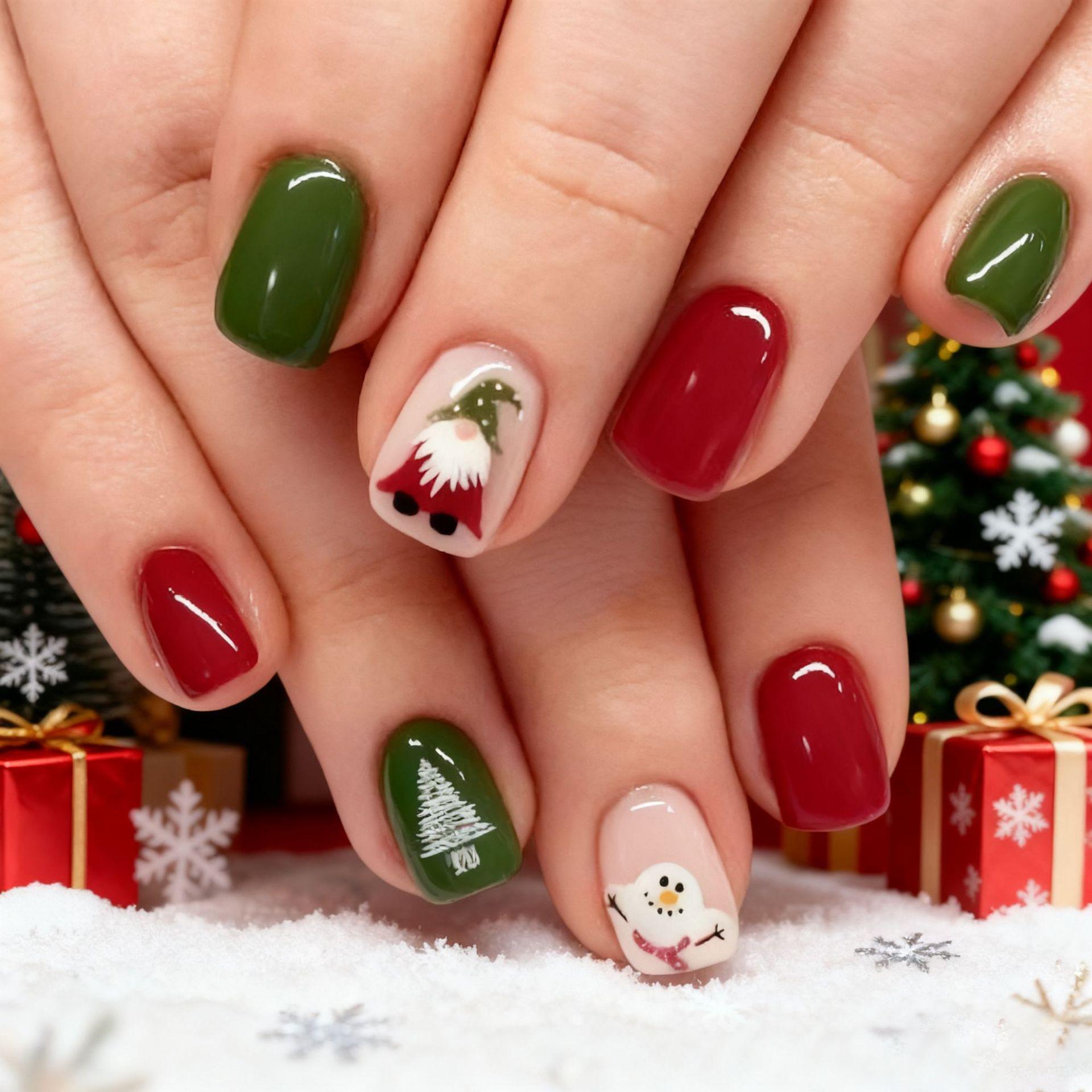 

Hot-selling Christmas manicure wearing nail cute Santa snowman short square wearing nail piece Free jelly glue + rubbing strips
