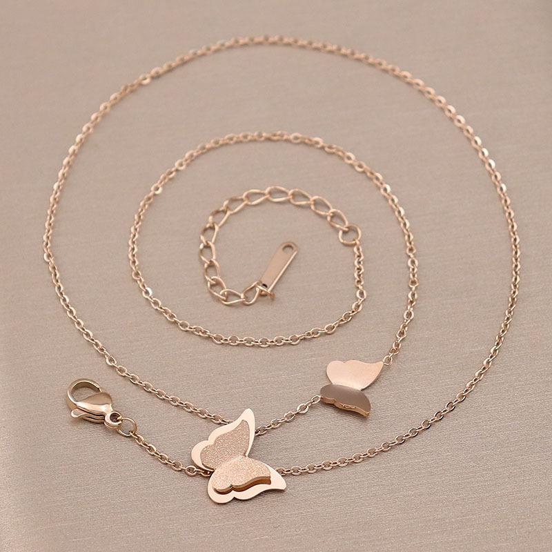 Nubuck Butterfly Titanium Steel Necklace Women'S Stainless Steel Nubuck Double Butterfly Necklace