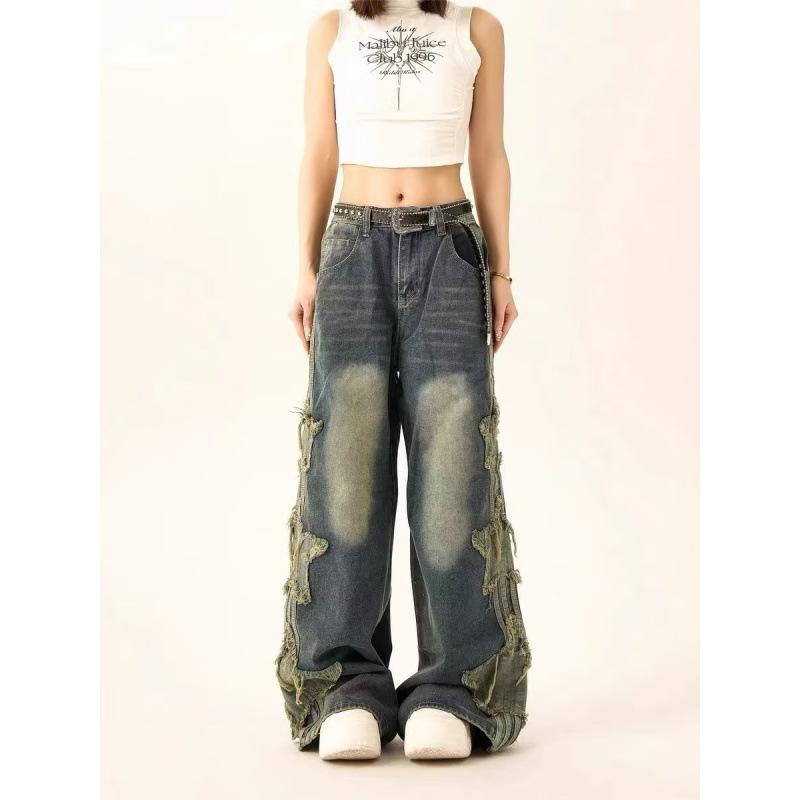 JYL Unisex Wide-Leg Jeans American Straight 3D Cut Washed Draped Floor-Length Denim 2XL