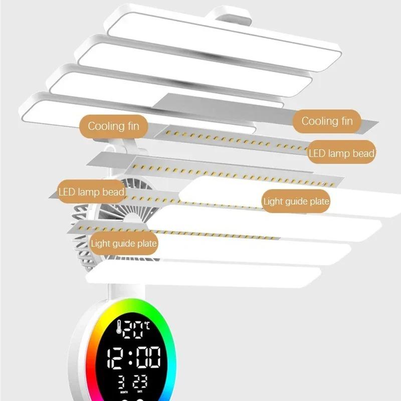 3 In1 Multifunction Table Lamp LED Four-headed Folding with Fan Calendar Clock USB Rechargeable Desk Light 3200mah Reading Lamp