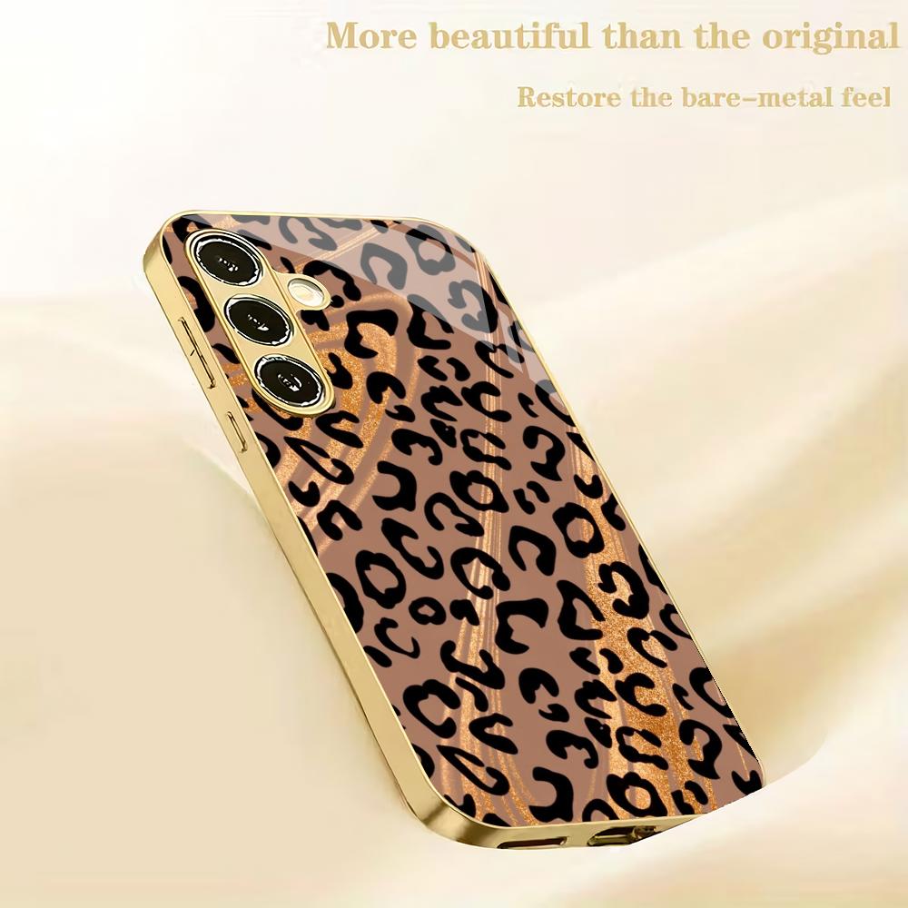Golden Leopard Print Electroplated Glass Phone Case Suitable for Samsung Galaxy S26 S25 S24 S22 S21 S20 FE/Ultra/Plus5Ganti Drop