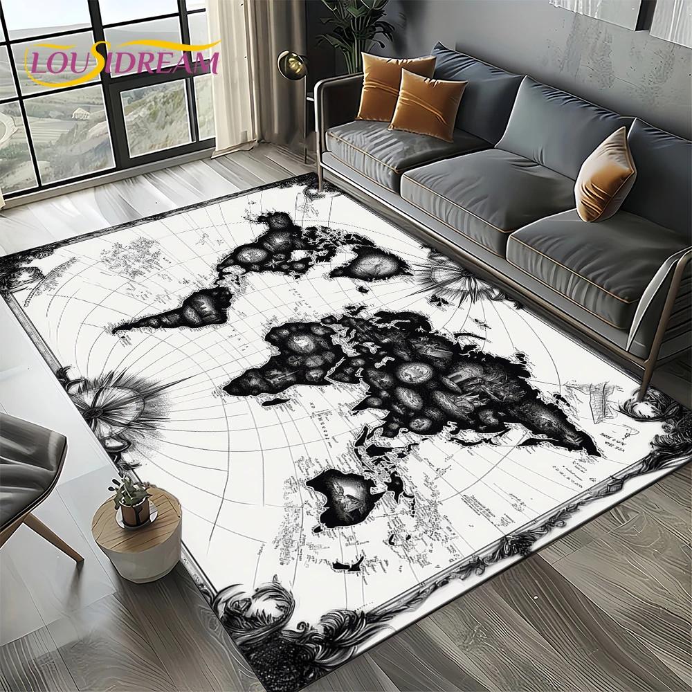 2025 Retro Ancient Nautical Chart Kraft World Map Compass Carpet Rug for Living Room Bedroom Sofa Decoration,Non-slip Floor Mat