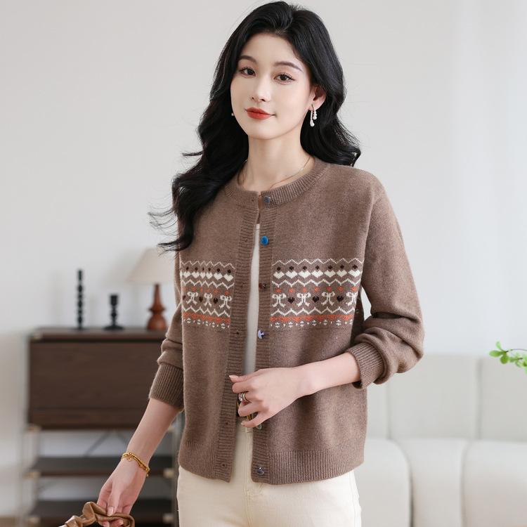 Autumn and Winter New Loose and Comfortable Casual Women's Sweater Retro Contrasting Color Jacquard Knitted Cardigan