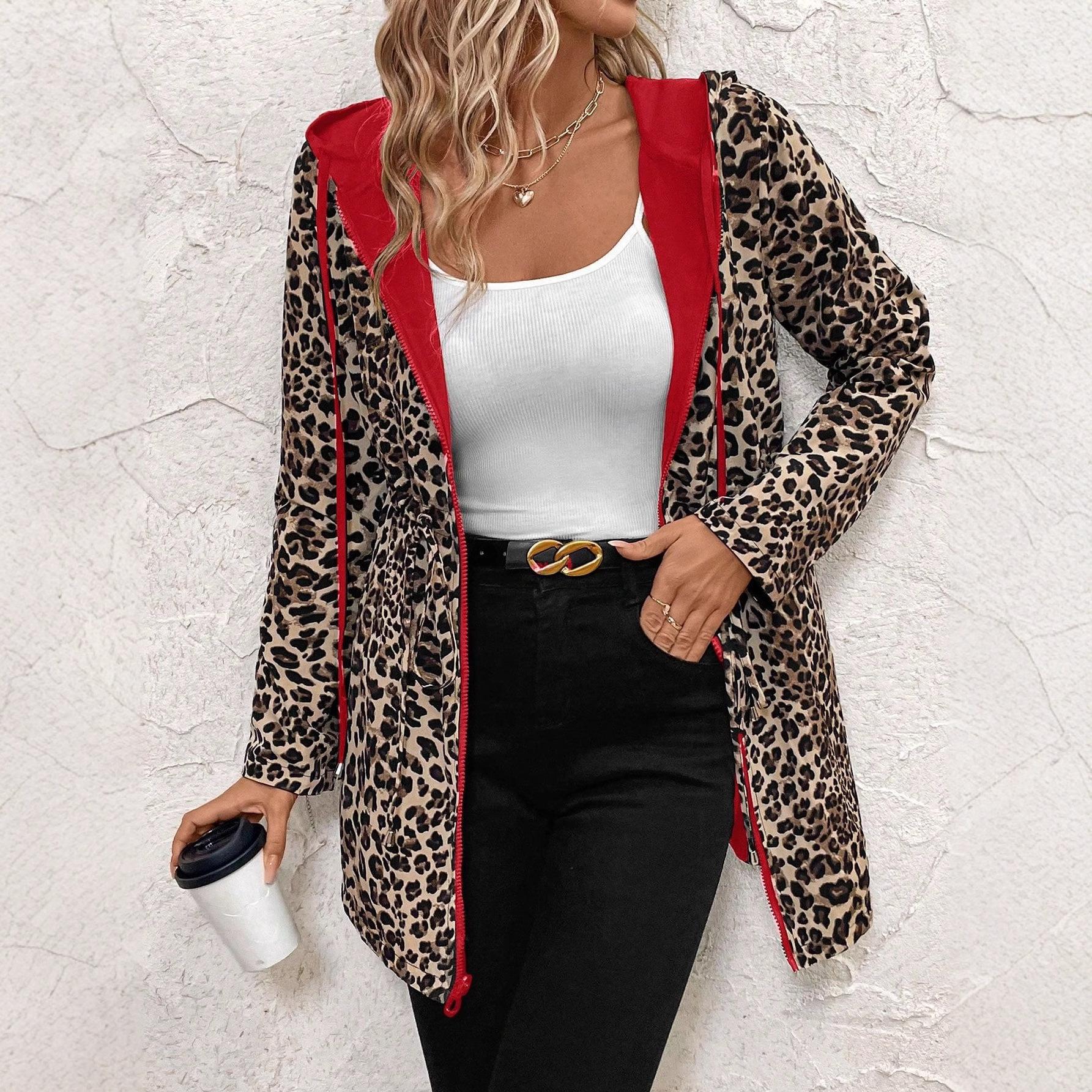 Women s Leopard Print Hooded Zipper Jacket Drawstring Waist Slim Fit Outerwear S