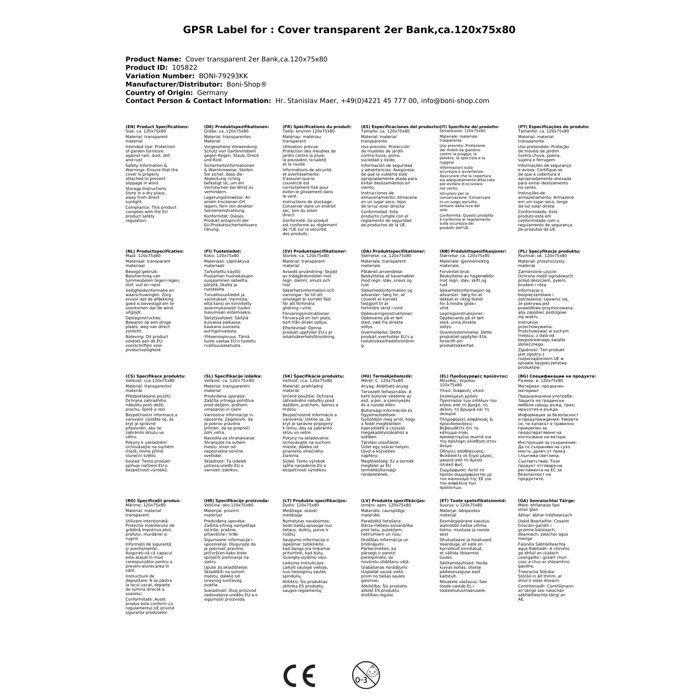 Copertura di protezione trasparente a 2 posti, circa. 120x75x80
