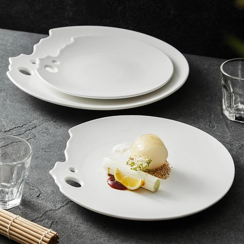 Western Food Steak Plate Restaurant Ceramic Tableware Creative Hotel Cold Dish Pan White Artistic Conception Shallowdish