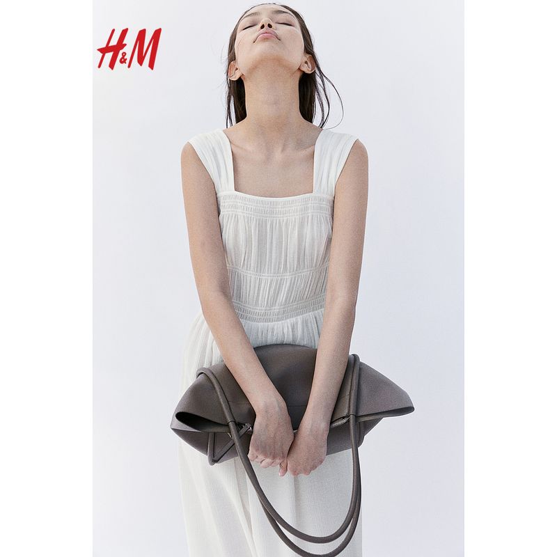 

HM Women s Vest Camisole Dress Summer Upper Body Pleated Cotton Fresh Minimalist Midi Dress 1229619 White 160/88(S)
