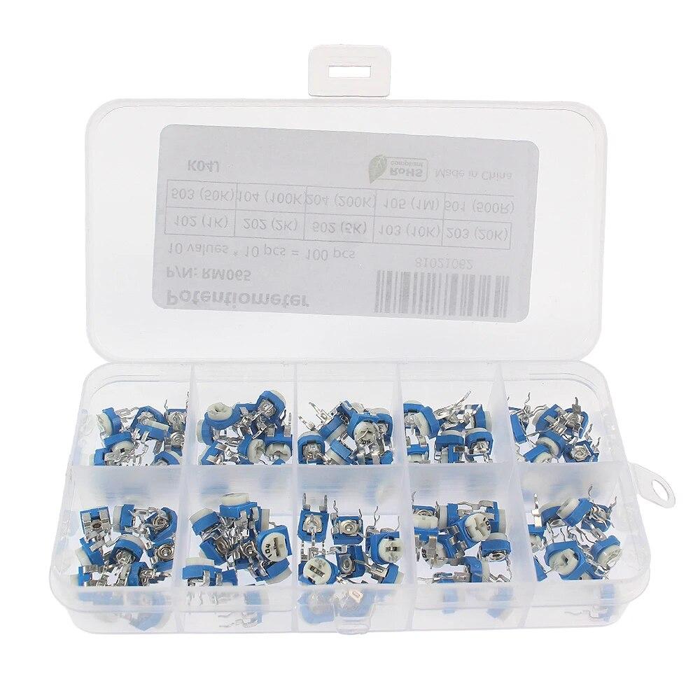 100PCS/Lot RM065 Trimming Potentiometer Kit 500R 1K 2K 5K 10K 20K 50K 100K 200K 1M Variable Resistor 10k Potentiometer Electronic Component