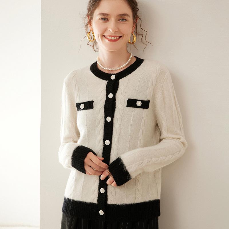 Women's Thick Cashmere Color Block Cardigan Sweater - Autumn/Winter Collection, Loose Fit, Round Neck