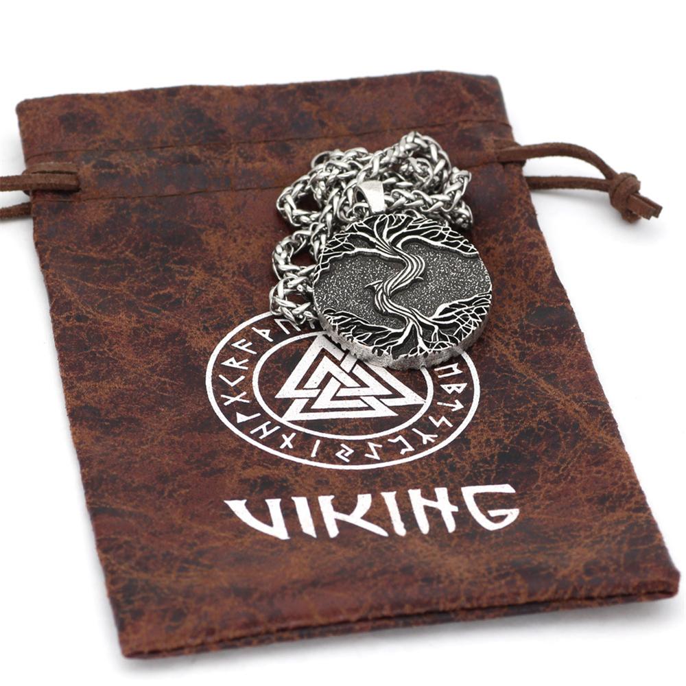 Viking Amulet Tree of Life Necklace Antique Norse Rune Pendant With Genuine Leather Rope Chain Jewelry Bijoux Gift