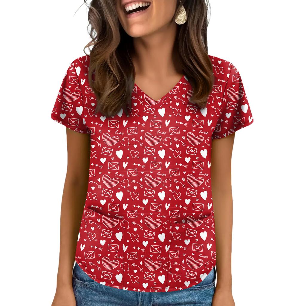 Women's V-neck Valentine's Day Printed Short-sleeved Top With Pockets And Side Slits, Suitable For Caregivers.