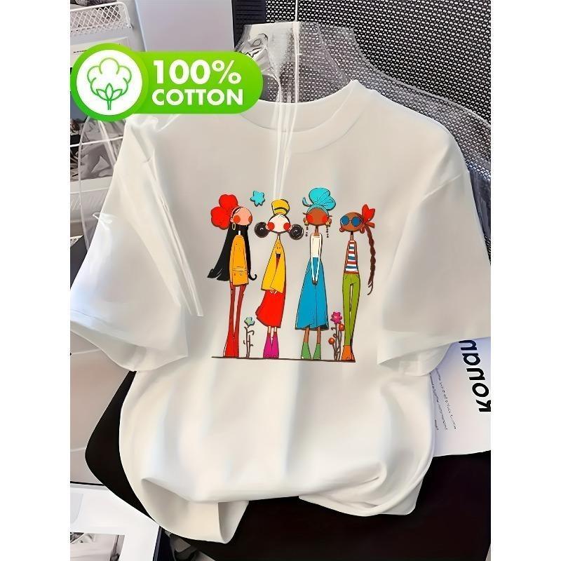 European Sizes Casual / Short Sleeve T-Shirt / Vibrant Floral & Star Print Round Neck Top / Breathable Summer & Spring Tee / Machine Washable