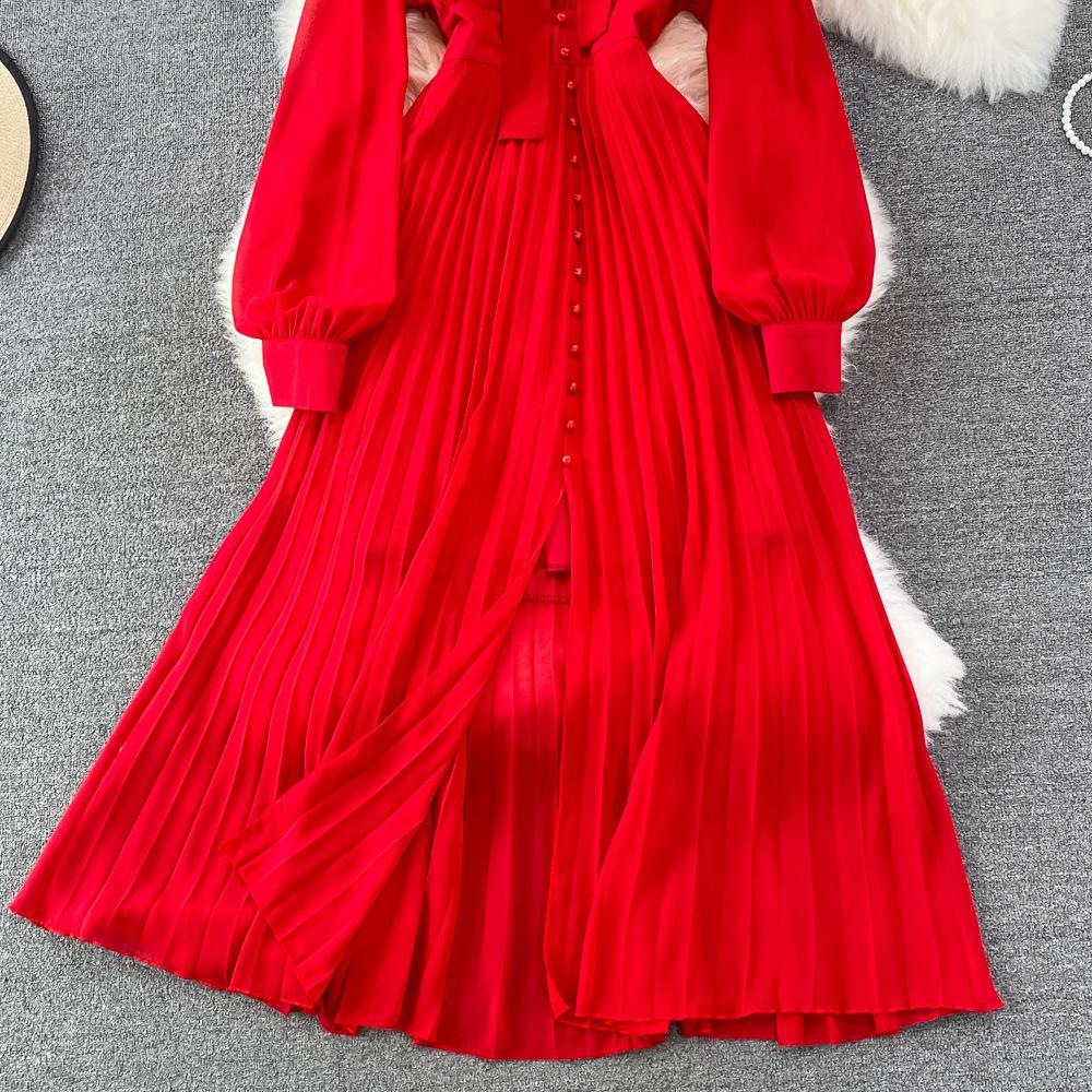 Herbst Vintage Frauen Langes Kleid Elegante Bogen Kragen Laterne Ärmel Einreiher Plissee Maxi Weibliche Rot Lila Kleider