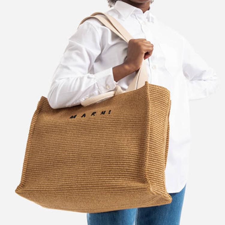 Marni Logo Embroidered Woven Vacation Style Raffia Tote Bag Shopping Bag Camping Bag Large Women Tote Bag Light-Brown Brown SHMP0078U0-P3860-Z0R42