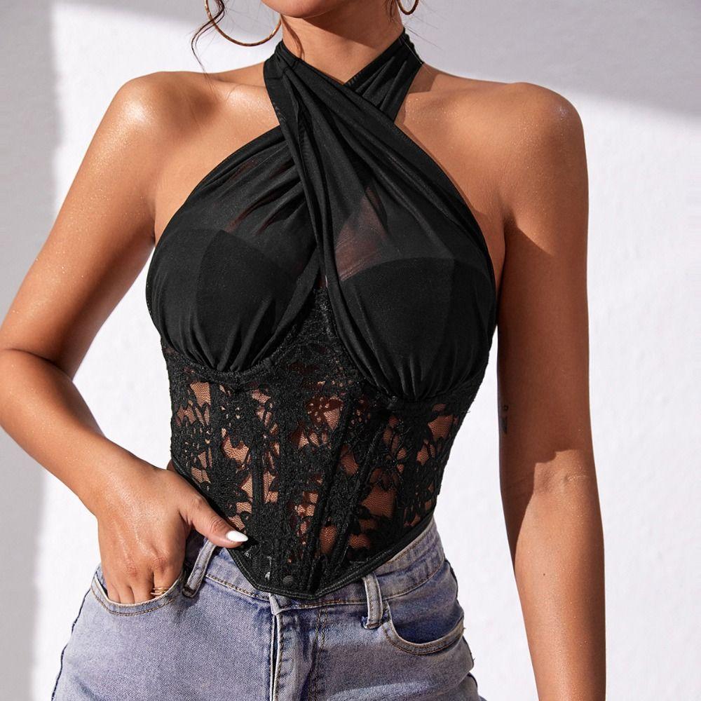 Transparent Lace Camisole Mesh Fishbone Corset Camisole Fashion Neck Halter Crop Tops  Travel