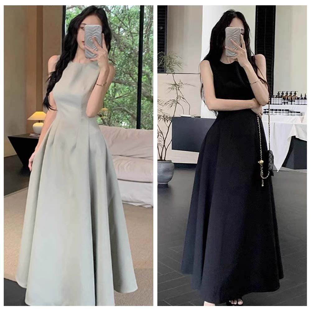 Sleeveless Vest Solid Color Long Skirt Temperament Women Korean Dress Sleeveless Long Dress  Party