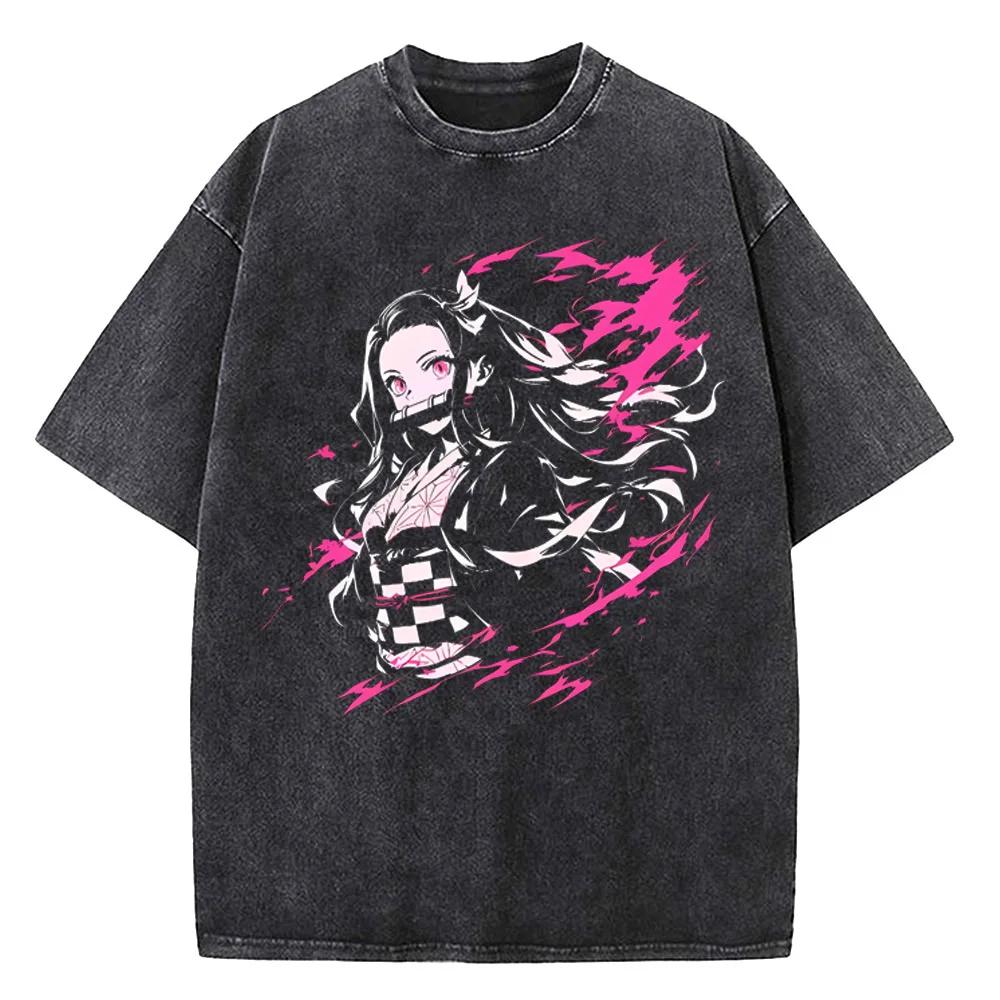 Mode Oberteile Anime Demon Slayer Unendliche Festung Gewaschenes T-Shirt Herren Mode Vintage Lässig Baumwoll-Top Herren Kleidung