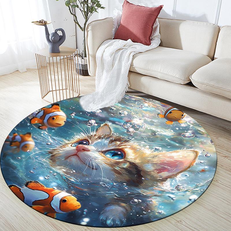 Kitten Clownfish Round Area Rug,Carpet Rug for Living Room Bedroom Sofa Playroom Decor,Non-slip Floor Mat
