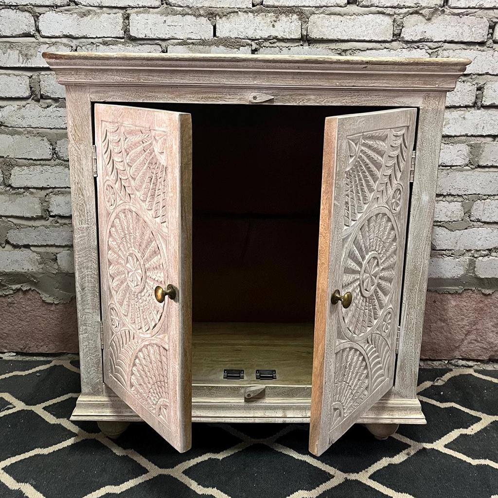 Hand-Carved Wooden Cabinet Whitewashed Storage Sideboard with Floral Mandala Design Bedside Indian Accent Furniture, Nightstand Self