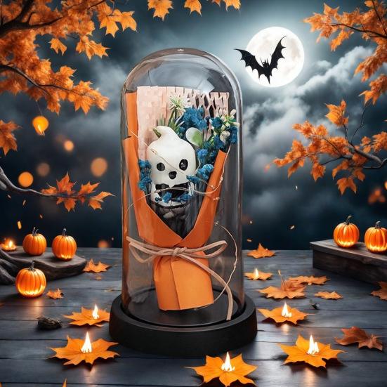 LED Clear Dome Pumpkin Night Light Halloween Light-up Pumpkin In Cloche with Artificial Flower for Home Kitchen Mantel Party Decor