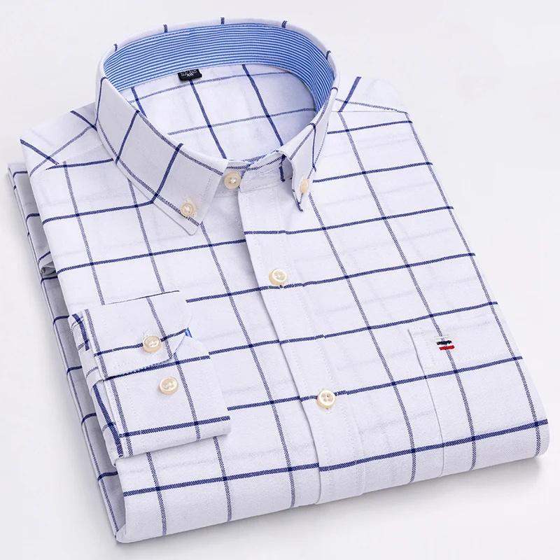 Men Social Shirts Long Sleeve 100% Pure Cotton Oxford Soft Buttoned Plaid Formal Male Clothes Oversized Shirt Plus Size 6XL 7XL