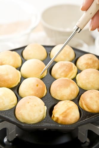 Ikenaga Iron Works Takoyaki Plate, 14 Holes, Long Wooden Handle, Cast Iron, Gas Stove Only, Made in Japan, 000410