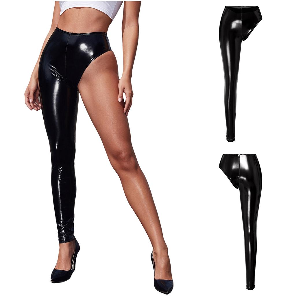 Women Patent Leather Single-leg Pants Back Zip Leggings for Stage Performance Rave Party Music Festival Nightclub