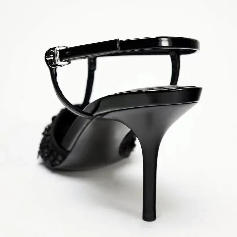 Fashion Sexy Pointed Toe String Bead Heels Party Shoes Summer Ankle Strap Heeled Sandals Women Elegant Bling Black Mesh Designer Pumps