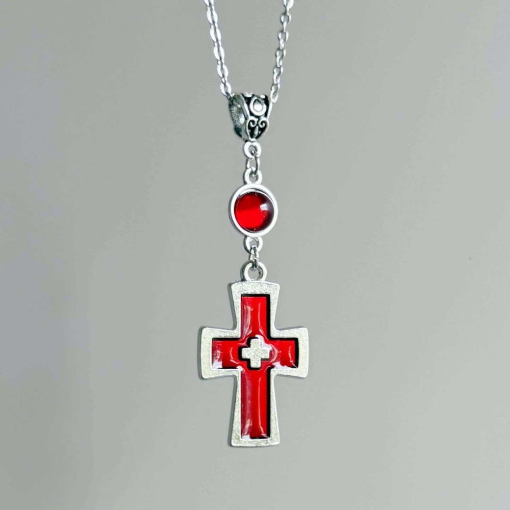 Gothic Punk Geometry Round Glass Crystal Blood-red Cross-shaped Pendant Necklace for Women Halloween Party Collar Chain Jewelry