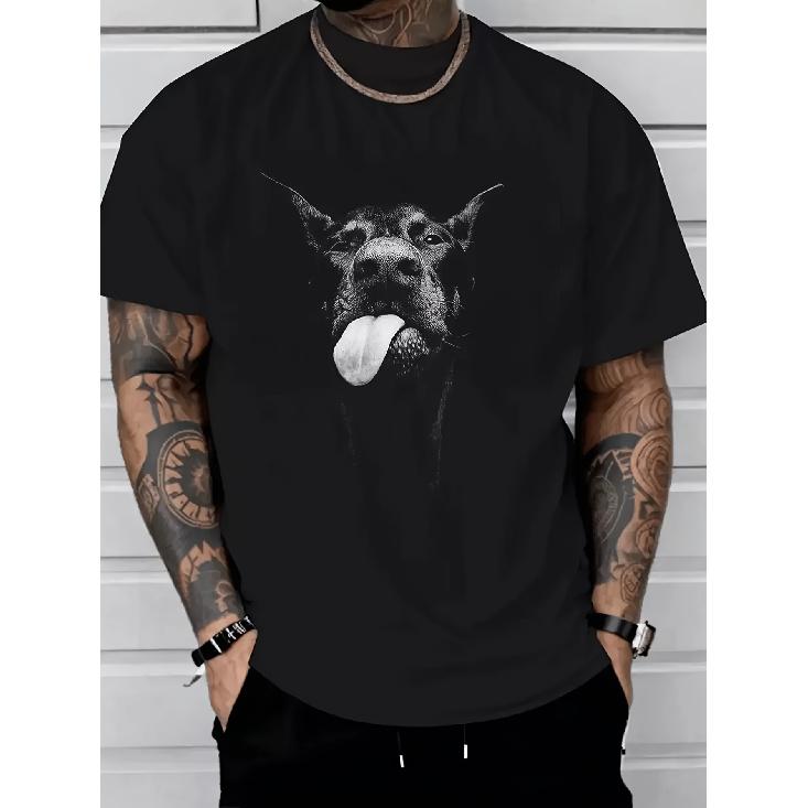 Men'S Funny Doberman Dog Tongue Out Graphic T-Shirt - Bold Black & White Puppy Face Print, Lightweight Breathable Crew Neck Short Sleeve Tee,